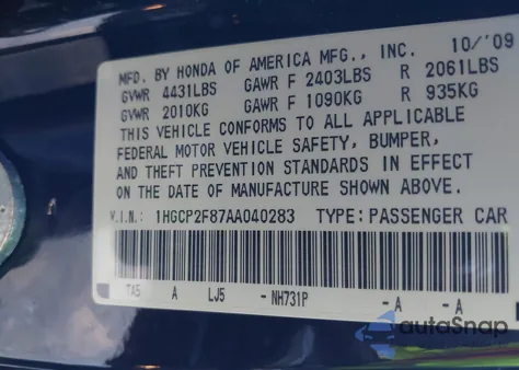 2010 Honda Accord 2.4 Ex-L from USA, damaged, VIN 1HGCP2F87AA040283